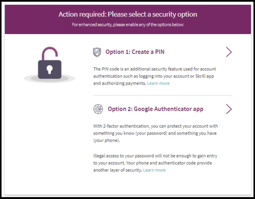 Skrill select a security option for Skrill account