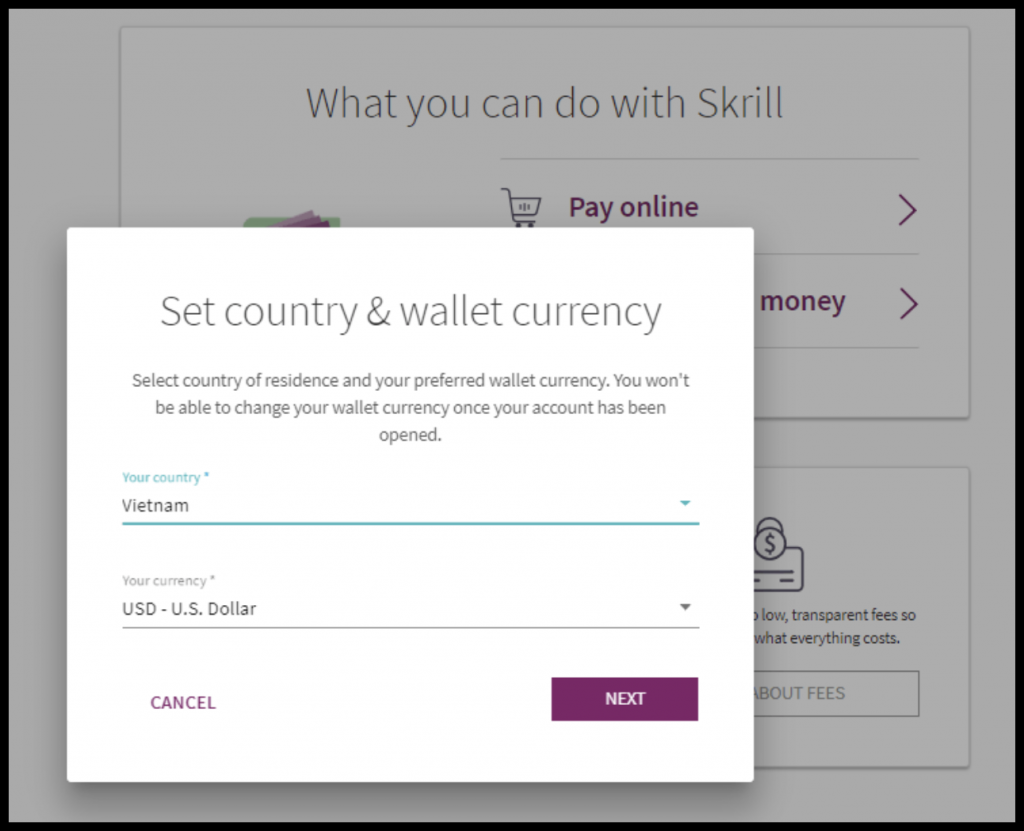 Select country and currency to Skrill account for OlympTrade