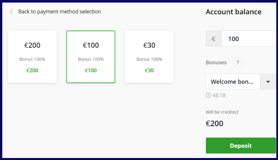 Select amount of deposit on Olymptrade broker