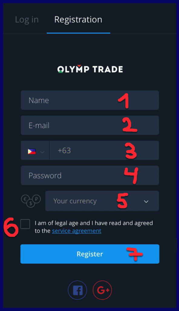 Register account in Olymptrade iOS app (App Store)