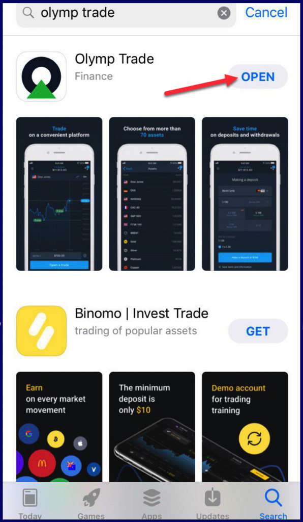 How to find Olymptrade iOS application in app store