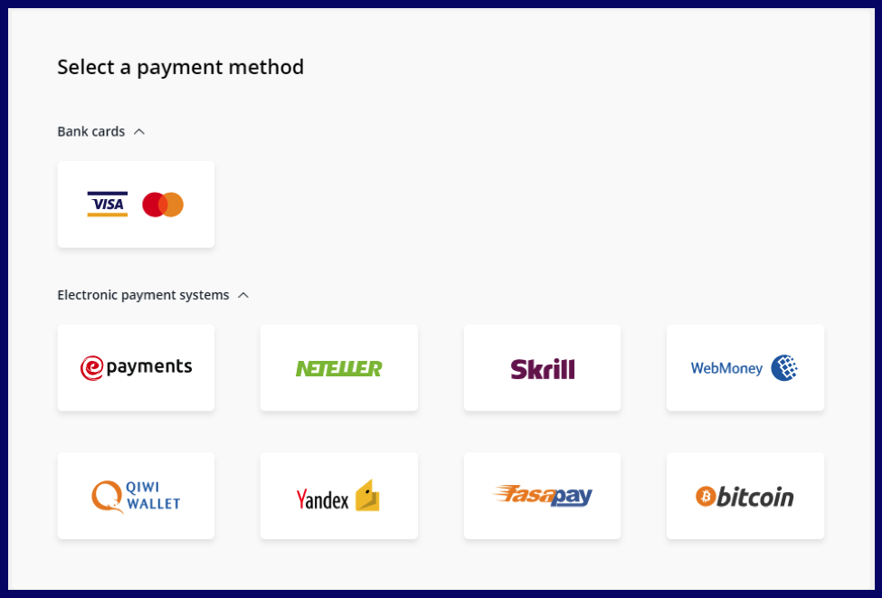 Select payment method on olymptrade broker