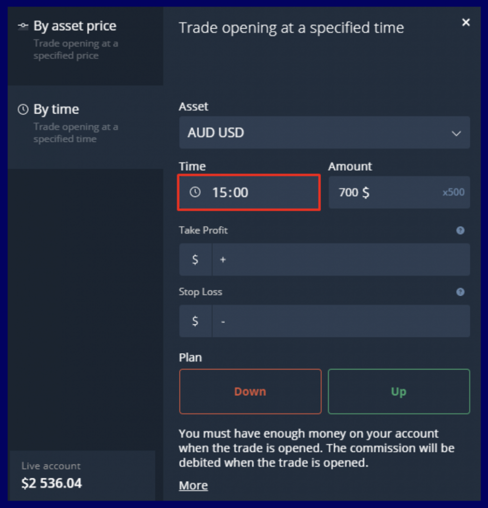 Time orders for deals on Olymptrade