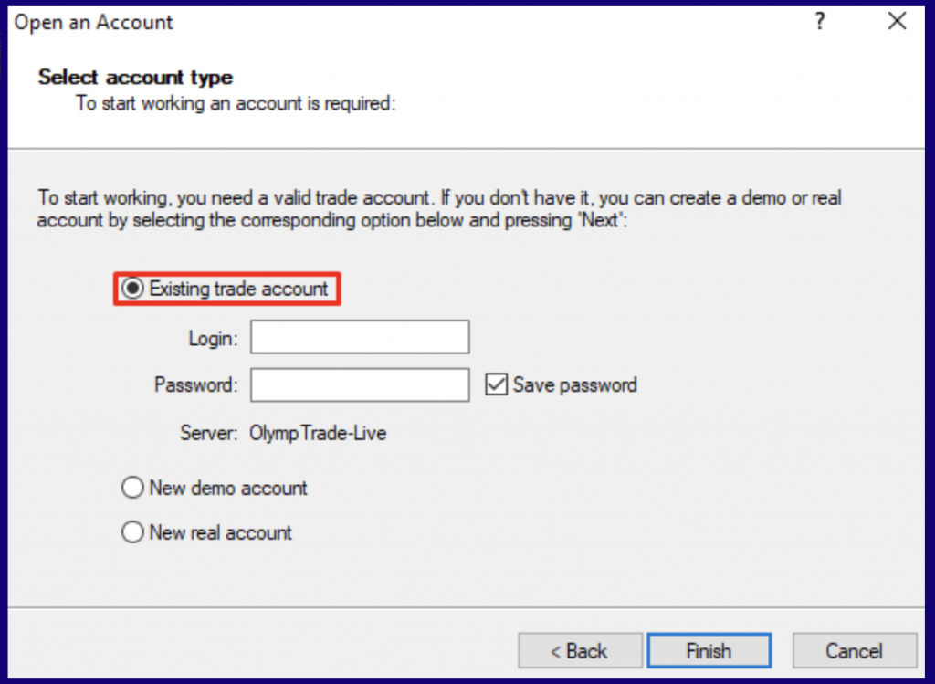 select Existing trade account